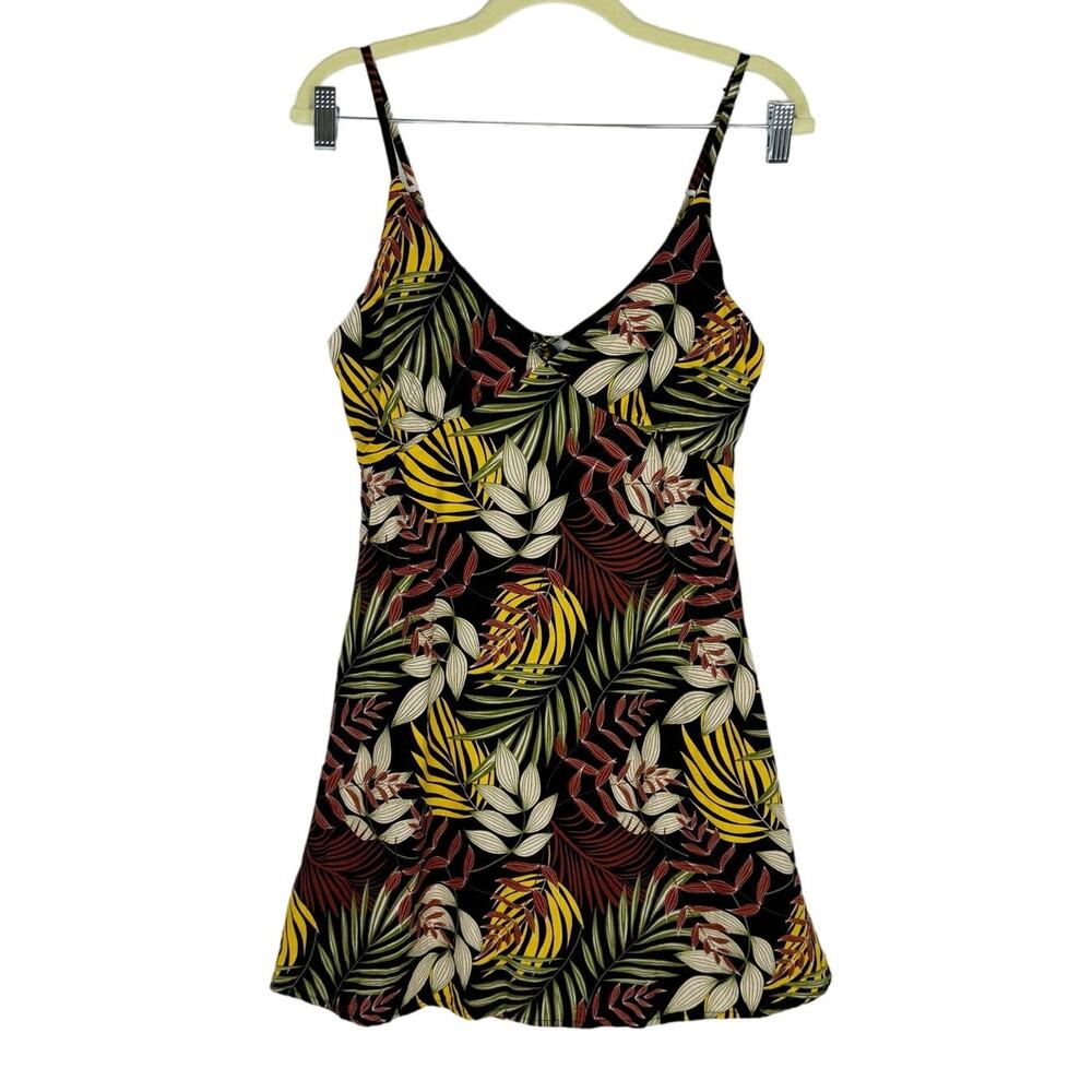 Olivaceous Black Tropical Leaves/Floral Back Cut Out A-Line Mini Dress Sz Large